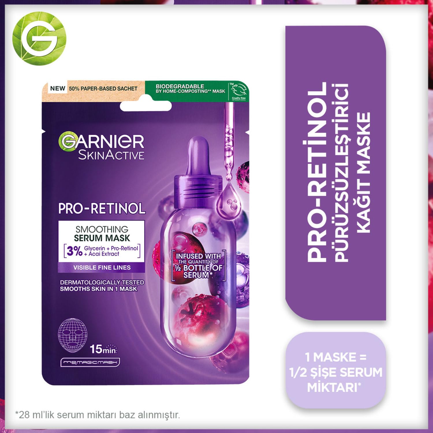 Garnier Pro-Retinol Face Mask - Anti-Aging Skincare Sheet Mask for Wrinkles, Hypoallergenic, 22g