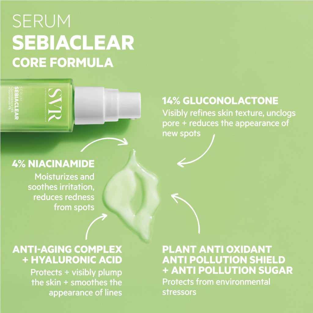 SVR Sebiaclear Serum 30ml - Non-Comedogenic Skincare for Oily Skin, Hypoallergenic Serum with Gluconolactone & Salicylic Acid