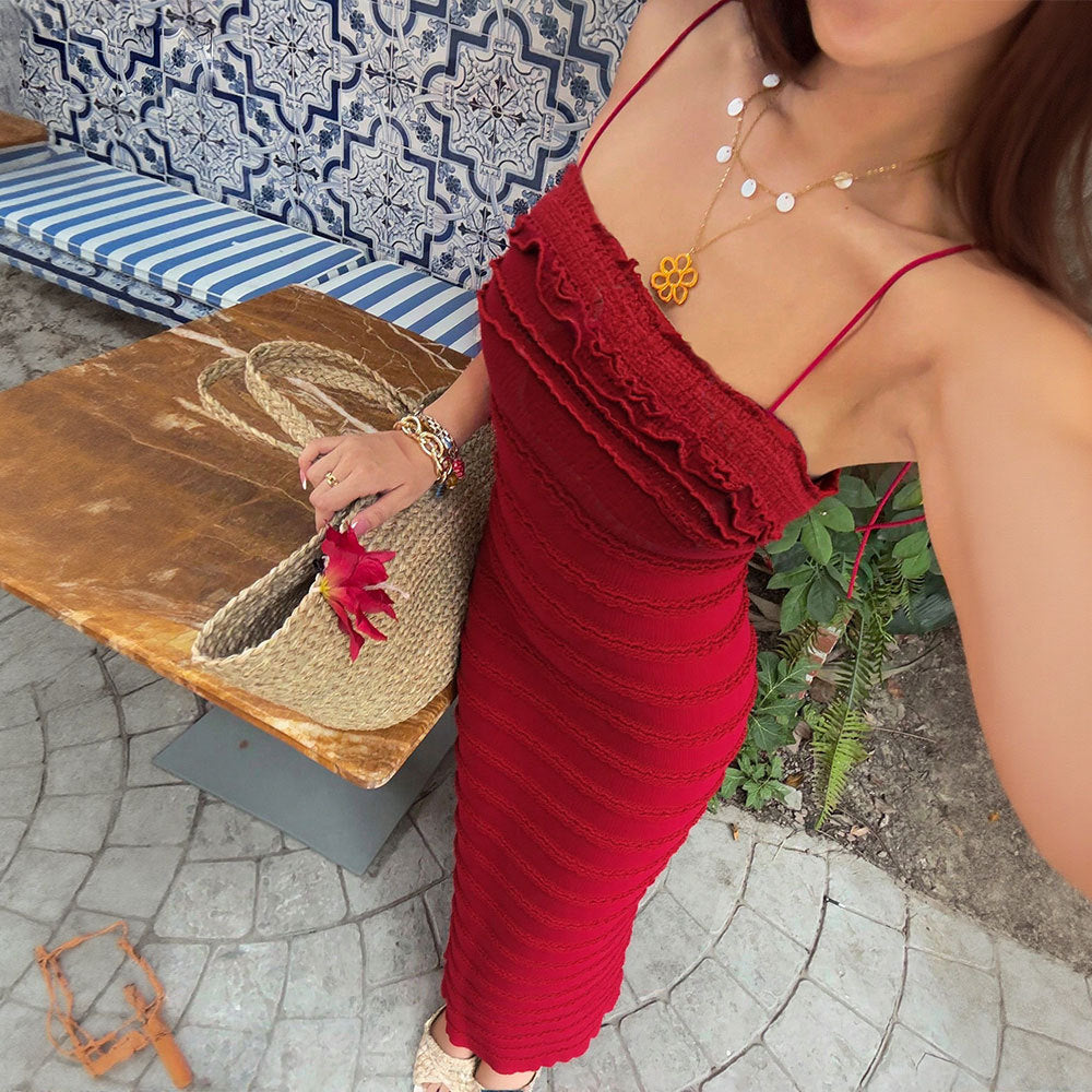 Womens Casual Solid-Color Ruffle-Trimmed Lace Camisole Dress