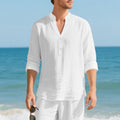 Autumn Linen Men's Long-Sleeve T-Shirt With Stand Collar And Buttons