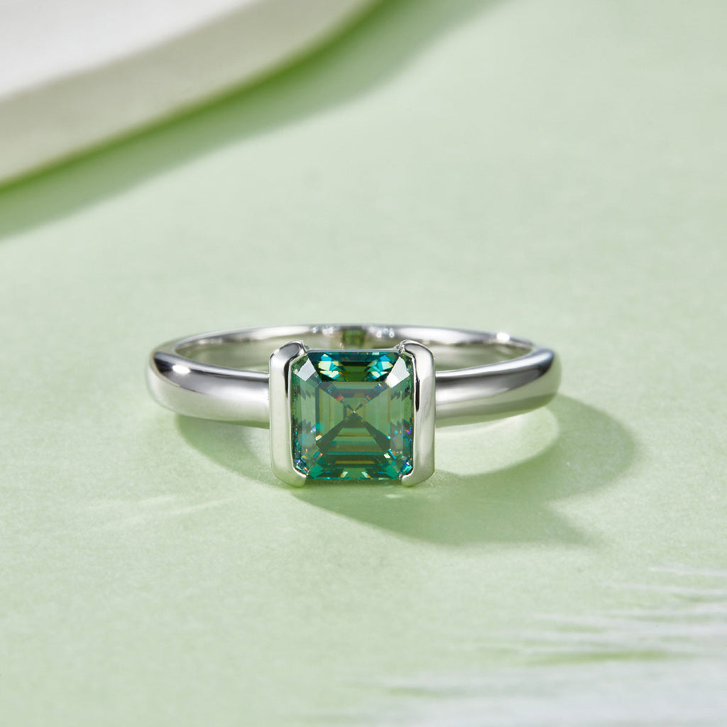 S925 Sterling Silver 1ct Green Moissanite Ring, 6x6mm Square Cut VVS1 Solitaire, Platinum Plated US Sizes 5-9, GRA Certified Jewelry Gift Box