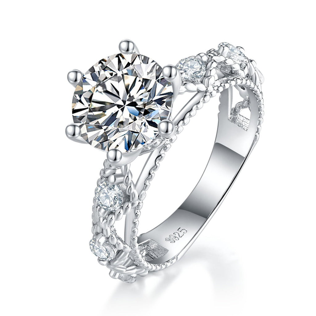 6-Prong 2 Carat Round Moissanite Engagement Ring, Split Shank S925 Silver Platinum Plated D Color VVS1 With GRA Certificate, US 5-9.