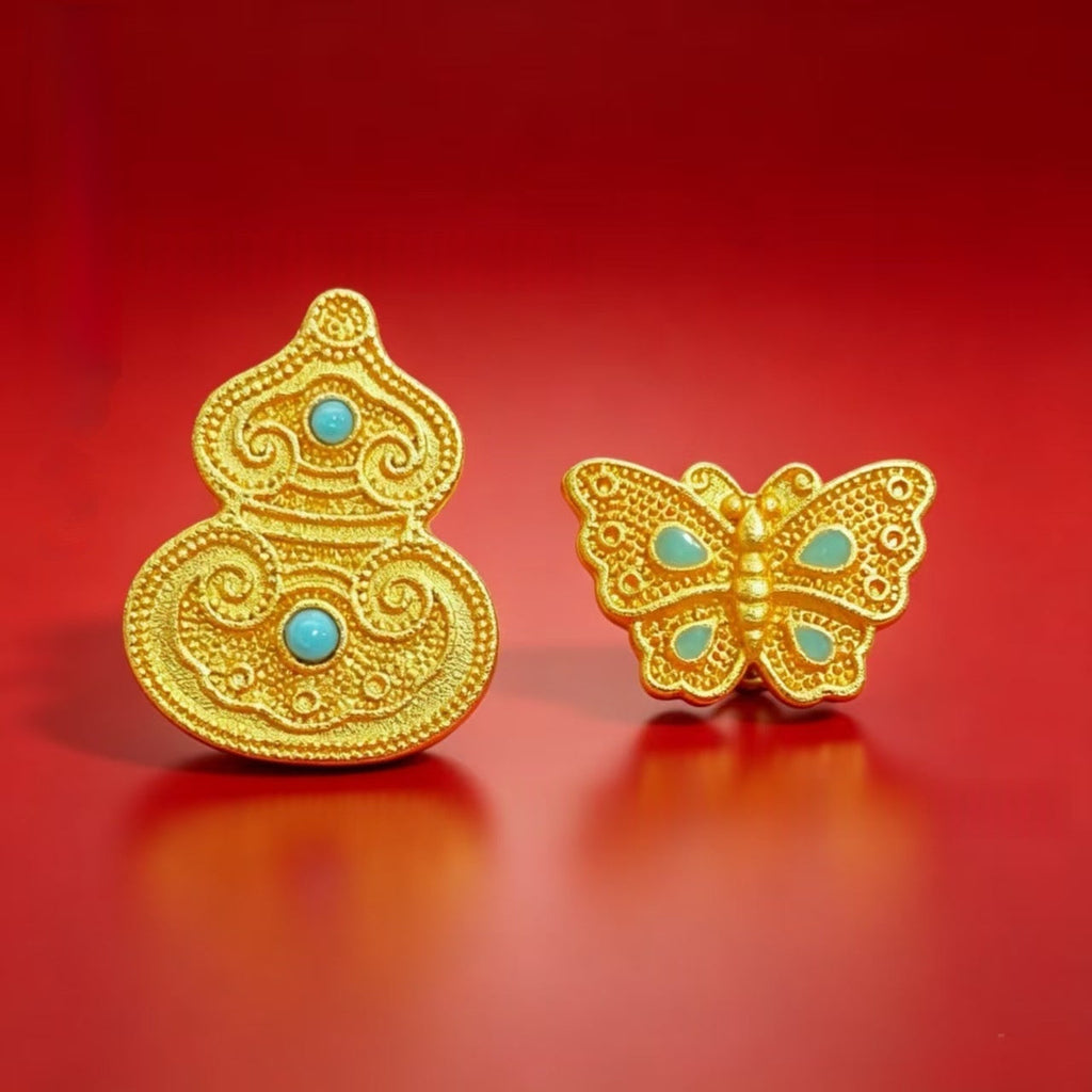 Alluvial Gold Filigree Inlaid With Turquoise Butterfly And Gourd-shaped Loose Beads