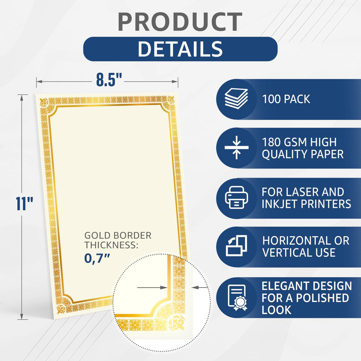 100 Certificate Paper 8.5 x 11 for Printing Blank Certificate Papers for Award Certificates Diploma Paper Premium Gold Foil Award Papers Cardstock for Awards Certificates Graduation