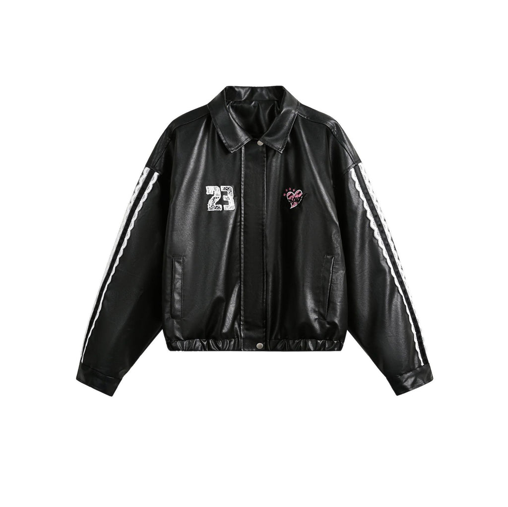 Women's Street Black Lace Love Number Embroidered Lapel Jacket