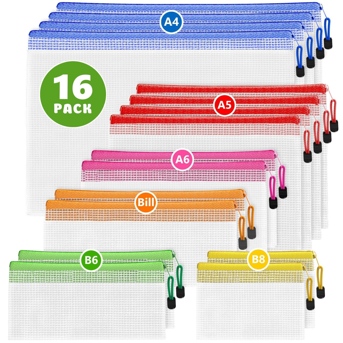 16 Pack Assorted Sizes Plastic Mesh Zipper Pouches for Storage Organize Board Games Puzzles Documents Bills School and Office Supplies Travel Makeup Multisize Mesh Zipper Pouch
