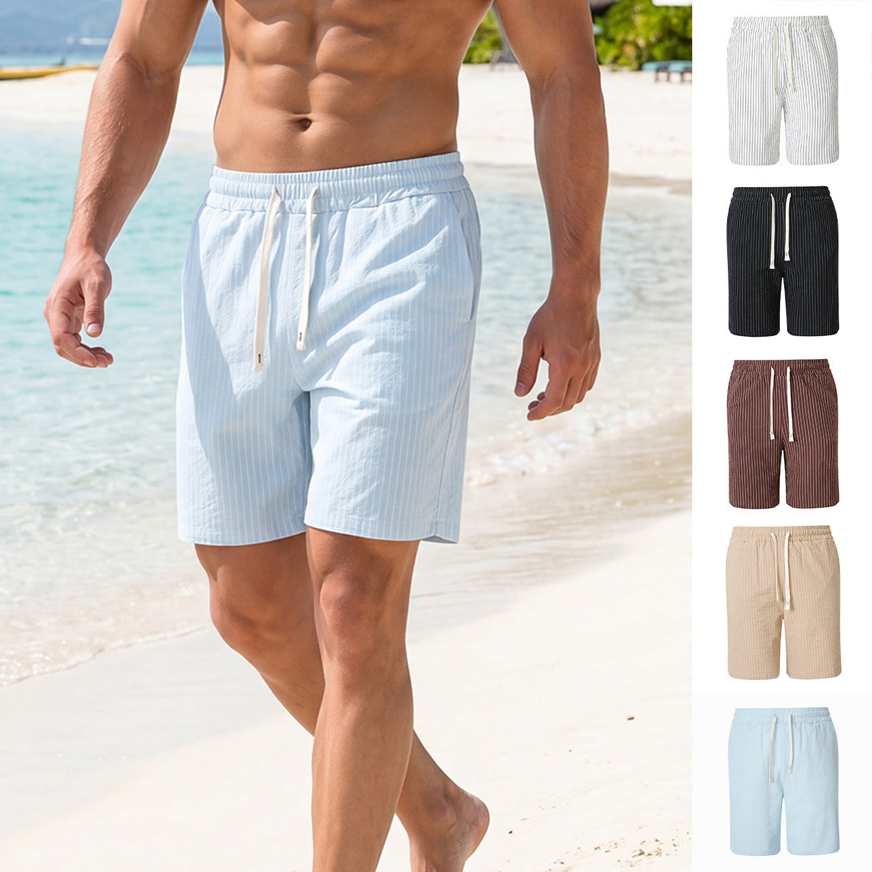 Mens Casual Sporty Striped Drawstring Shorts
