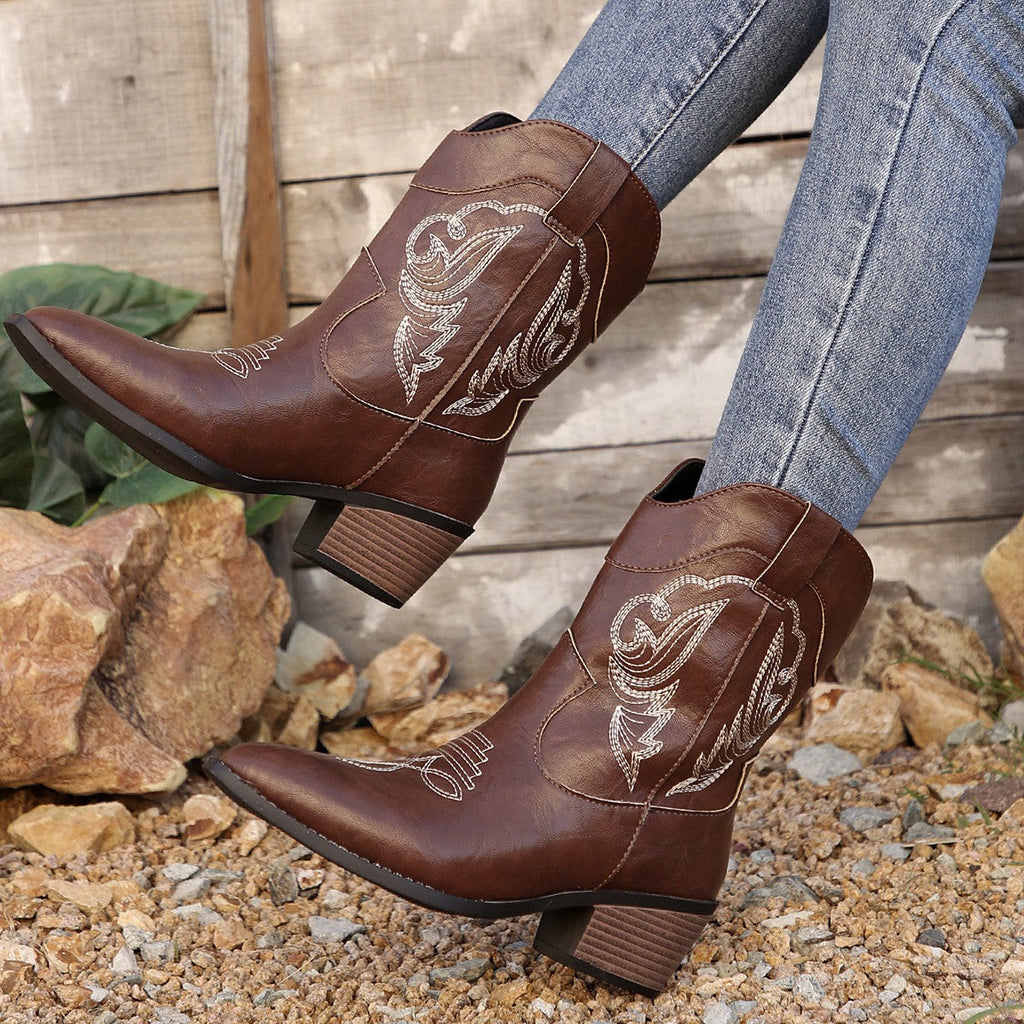 Western Cowboy Embroidered Chunky Heel Versatile Mid-calf Vintage Boots