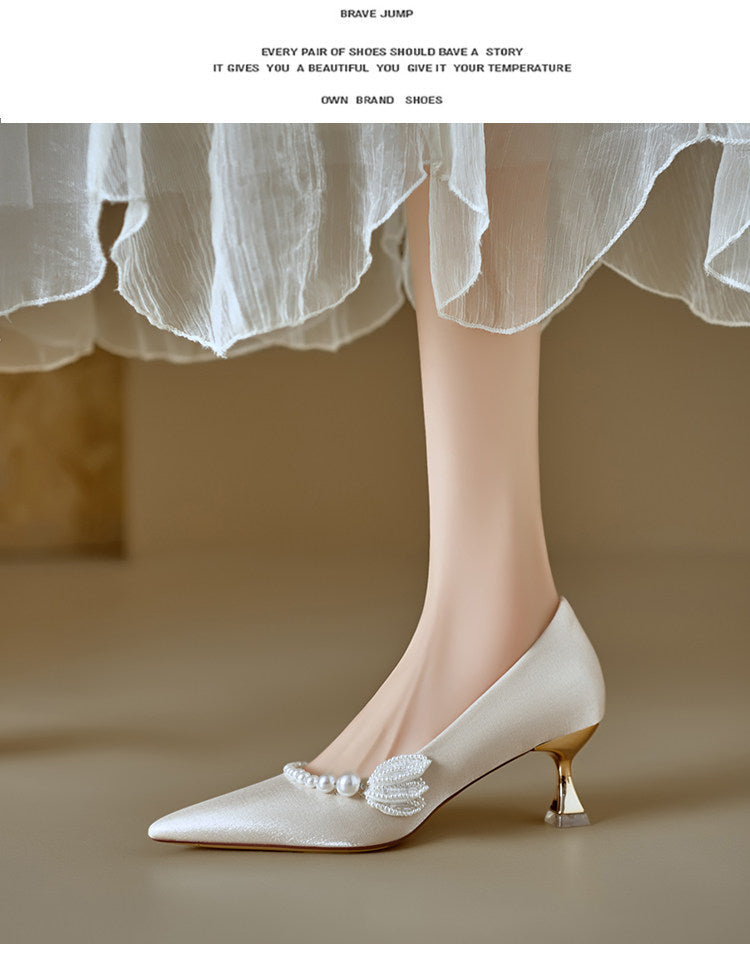 Women Soft Leather French Pointed Toe Pearl Thin Heel Pumps, 2026 New Comfortable High Heels, Shallow Mouth Party Dress Shoes