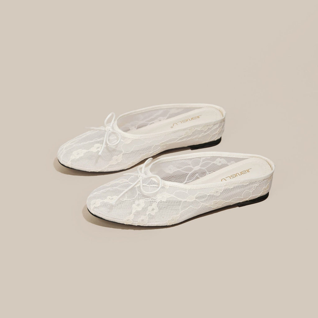 4cm Hidden-Heel Bow-Knot Lace Fishnet Breathable Hollowed-Out Closed-Toe Half Slippers