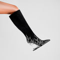 Rhinestone Flame Stretch Boots Tiger Tooth Heel