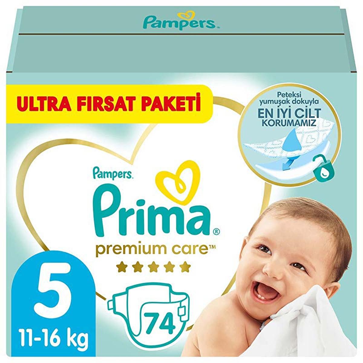 Prima Premium Care Baby Diapers, Size 5, 74 Count - Dermatologically Tested, Leakage Protection