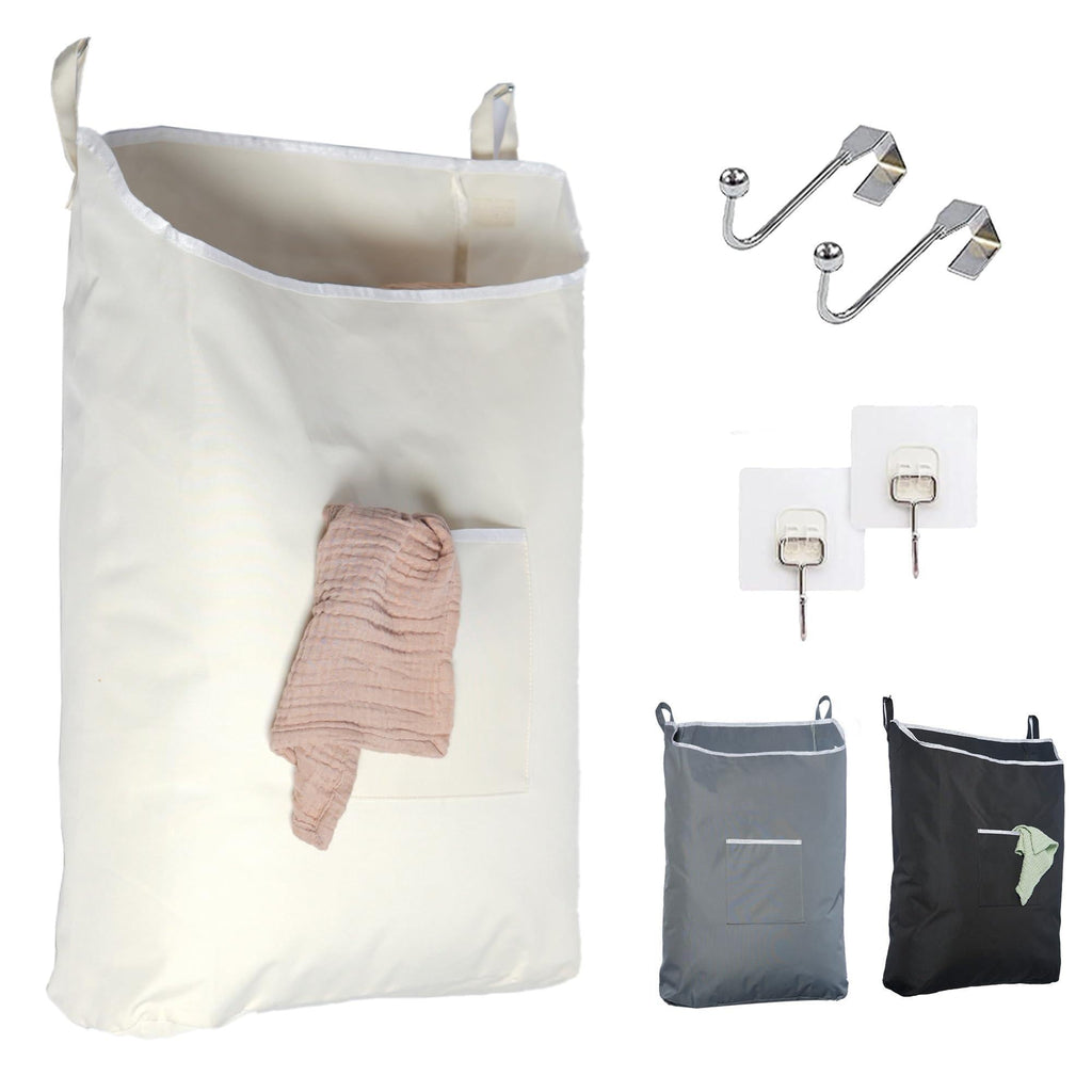 The Fine Living Co. Hanging Laundry Hamper with Over Door Hooks & Adhesive Durable Space Saving Laundry Bag with Zipper and Wide Open Top Hanging Dorm Laundry Hamper 18 x4.75 x28 (Beige L)