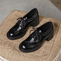 Women's Autumn New Carved Lace-up Round Head British Black Chunky Heel Shoes