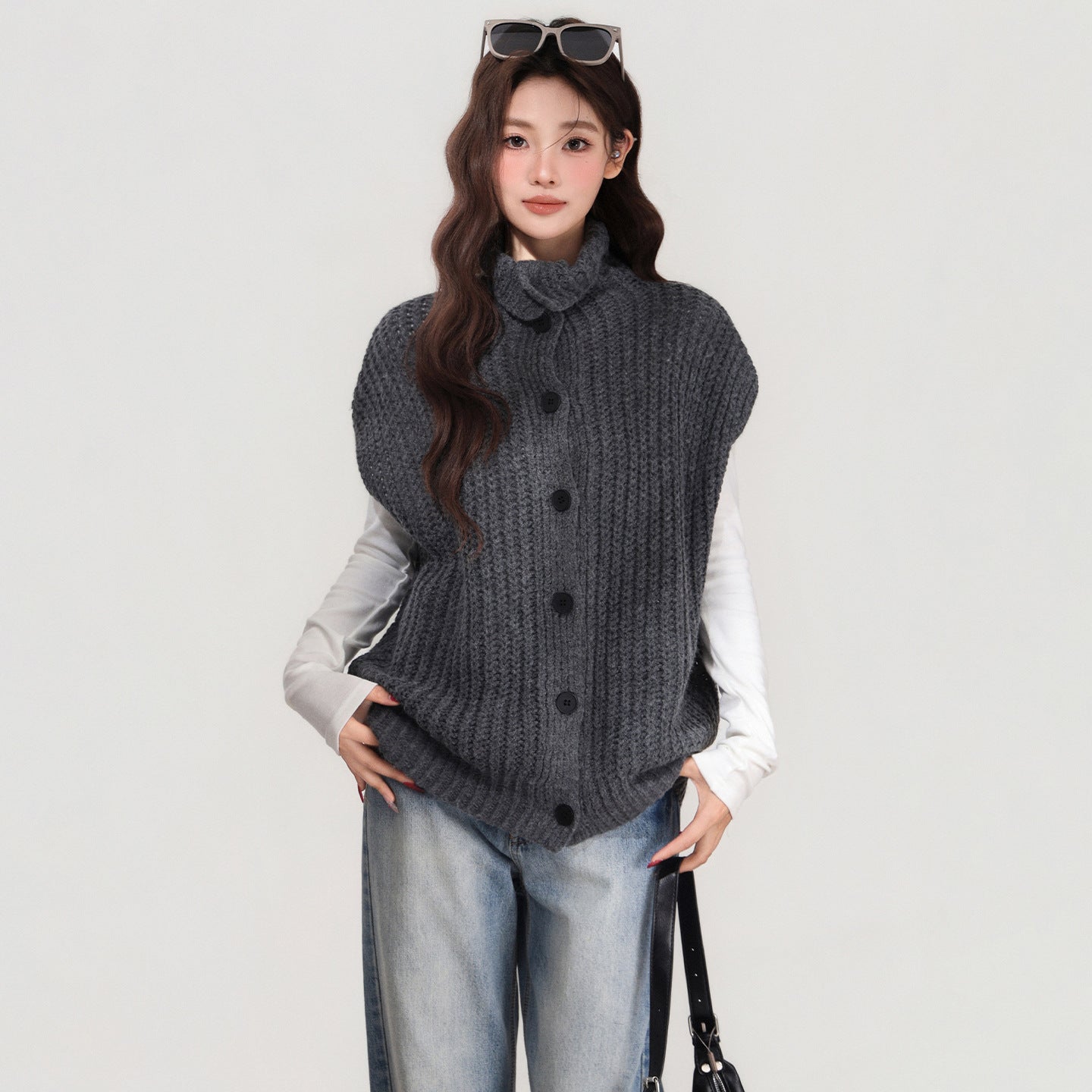 Grey Lapel Knitted Vest Sweater Warm Coat Women's Autumn And Winter Innerwear Top