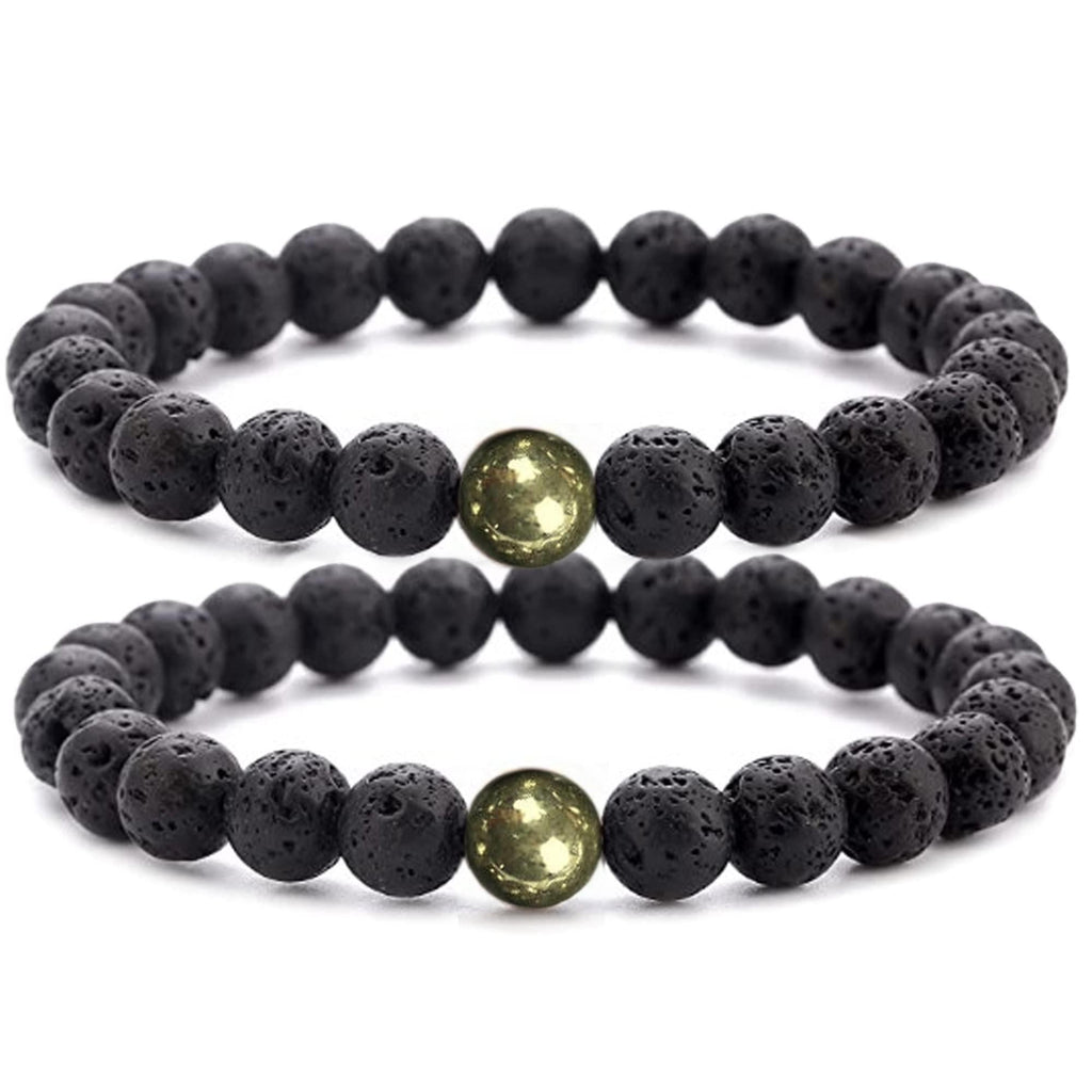 Black Lava Rock Beads Natural Stone Bracelets with Pyrite  Set of 2  Healing Crystal Energy Activation Power Chakra Reiki Elastic Stretch Bracelet for Protection Man Women Diffuser Elastic Yoga 8mm