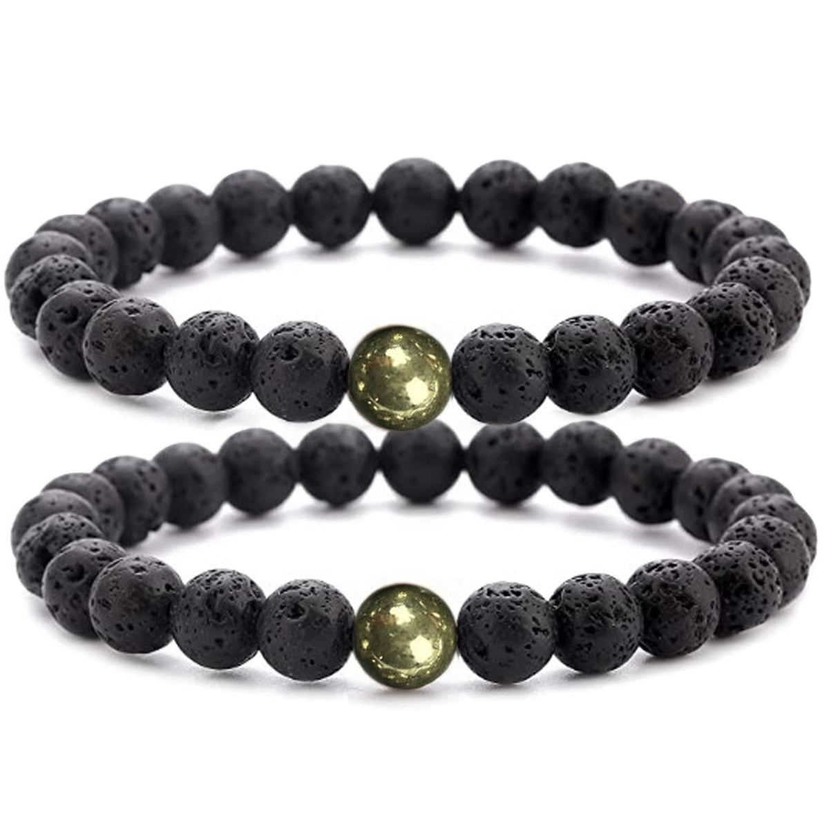 Black Lava Rock Beads Natural Stone Bracelets with Pyrite  Set of 2  Healing Crystal Energy Activation Power Chakra Reiki Elastic Stretch Bracelet for Protection Man Women Diffuser Elastic Yoga 8mm