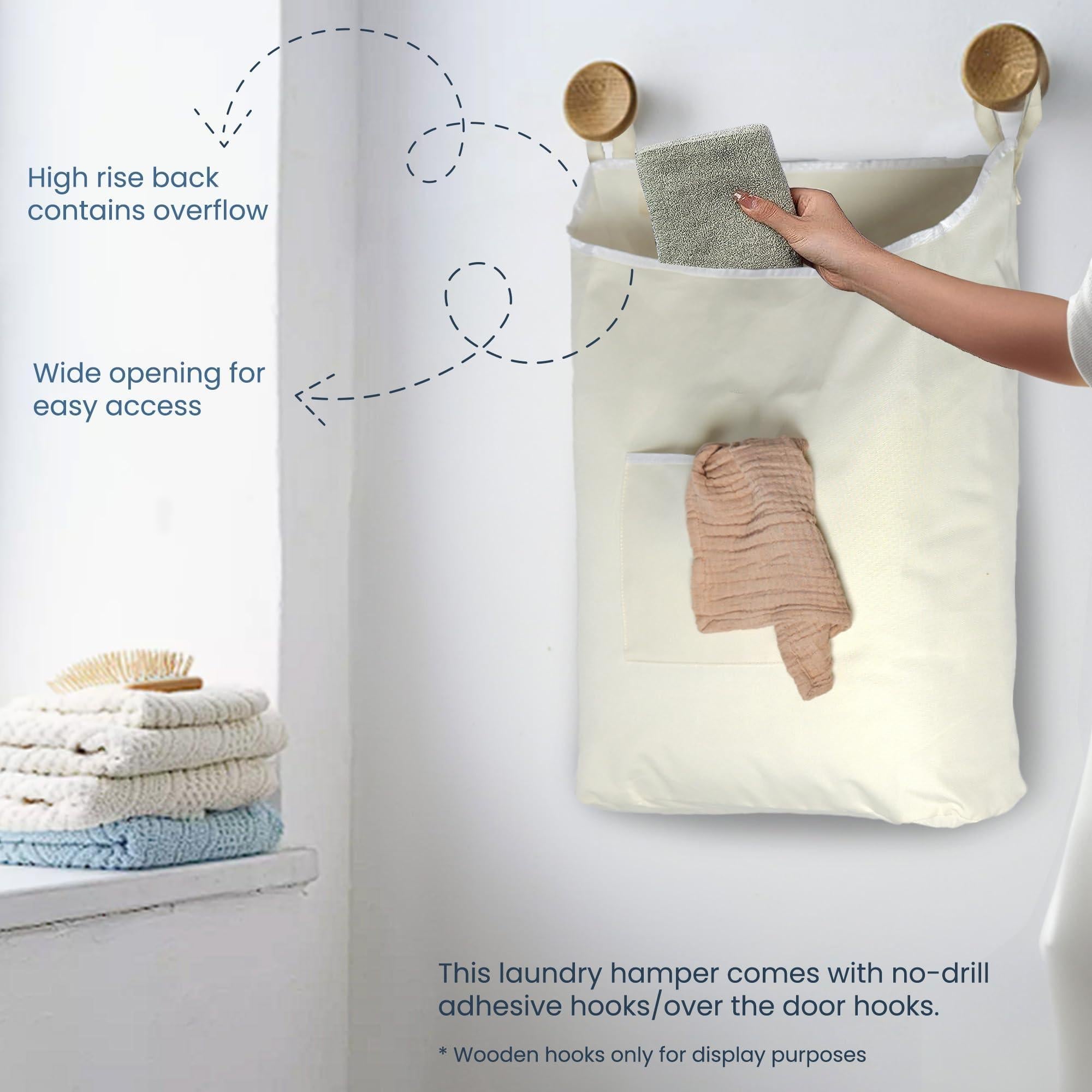 The Fine Living Co. Hanging Laundry Hamper with Over Door Hooks & Adhesive Durable Space Saving Laundry Bag with Zipper and Wide Open Top Hanging Dorm Laundry Hamper 18 x4.75 x28 (Beige L)