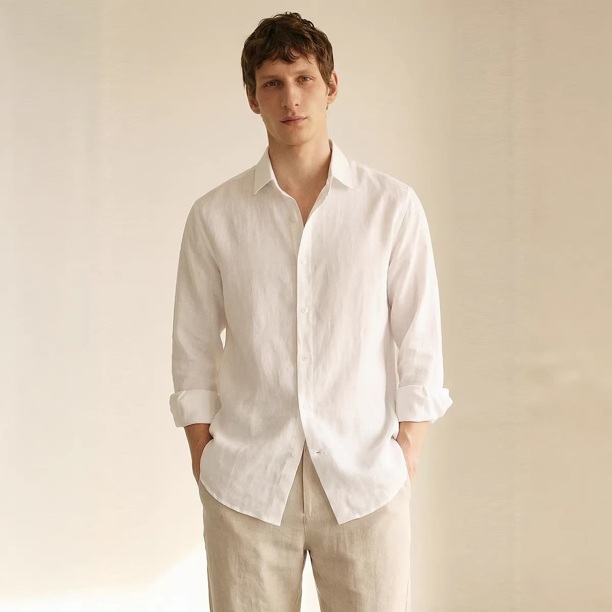 Mens Linen Long-sleeve Casual Breathable Shirt