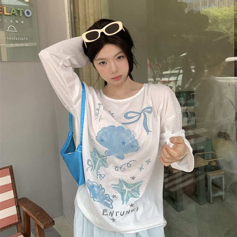 Laid-back Shell And Starfish Print Sun-Protective Cover-Up Top
