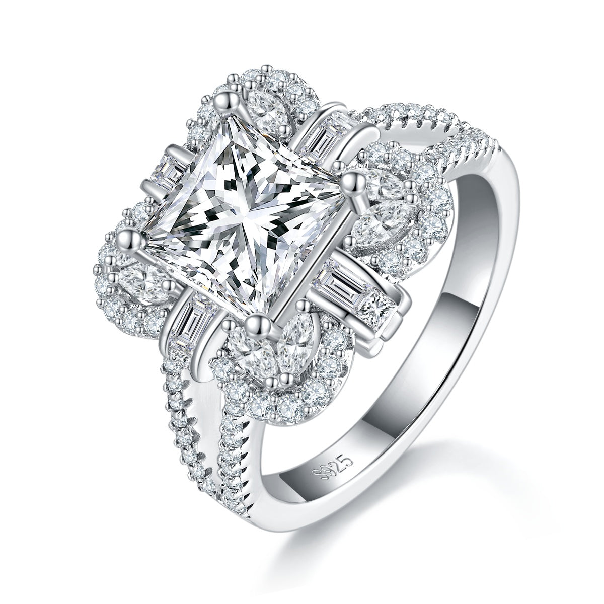 S925 Sterling Silver 2ct Princess Cut Moissanite Ring, D-VVS1 Cluster Halo With Split Shank, Platinum Plated US Sizes 5-9, GRA Certificate Gift Box