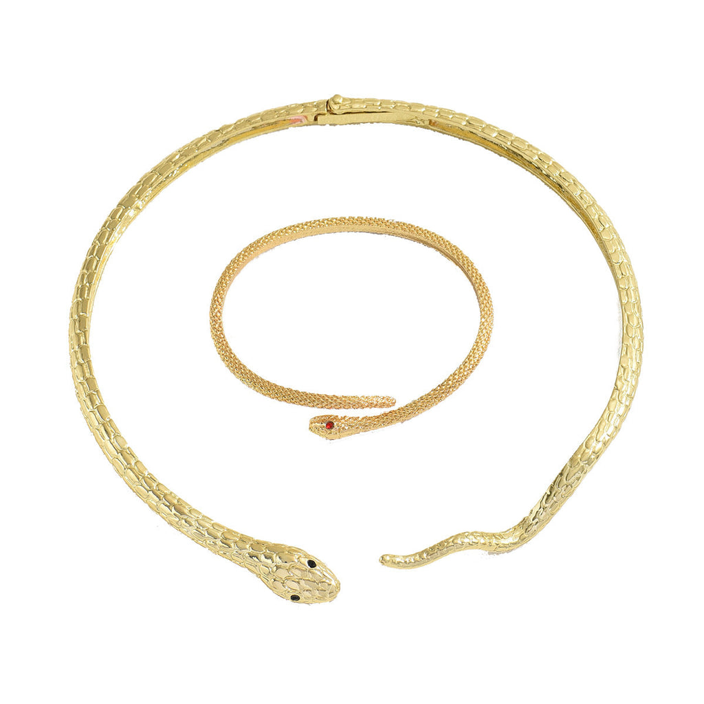 Minimal Cross-border European American Women Jewelry Set, Unique Snake Shape Inlaid Cubic Zirconia Design, Alloy Choker Necklace & Bracelet Daily Ornaments For Ladies