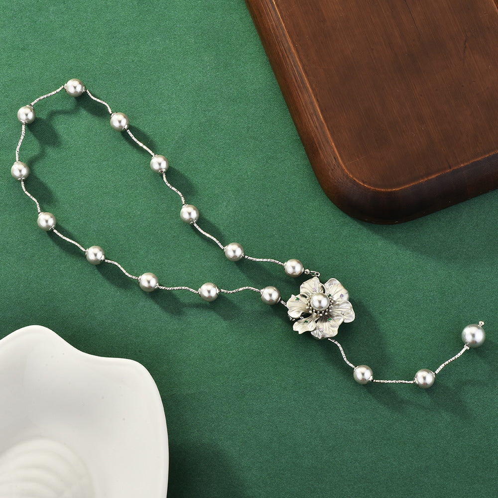 Dainty Flower Zircon Pearl Sweater Chain For Women, Pull Adjustable Wavy Silver Long Necklace, Elegant Minimal Fashion Jewelry