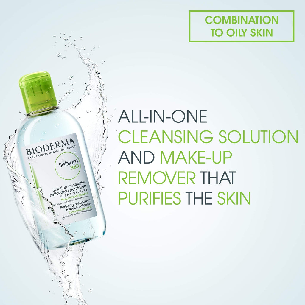 Bioderma Sebium H2O Cleansing Water for Combination/Oily Skin - 8.45 fl oz, Non-Comedogenic, No-Rinse Formula