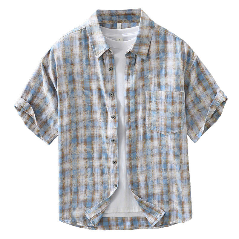 Mens Fashionable Plaid Short-Sleeve Shirt