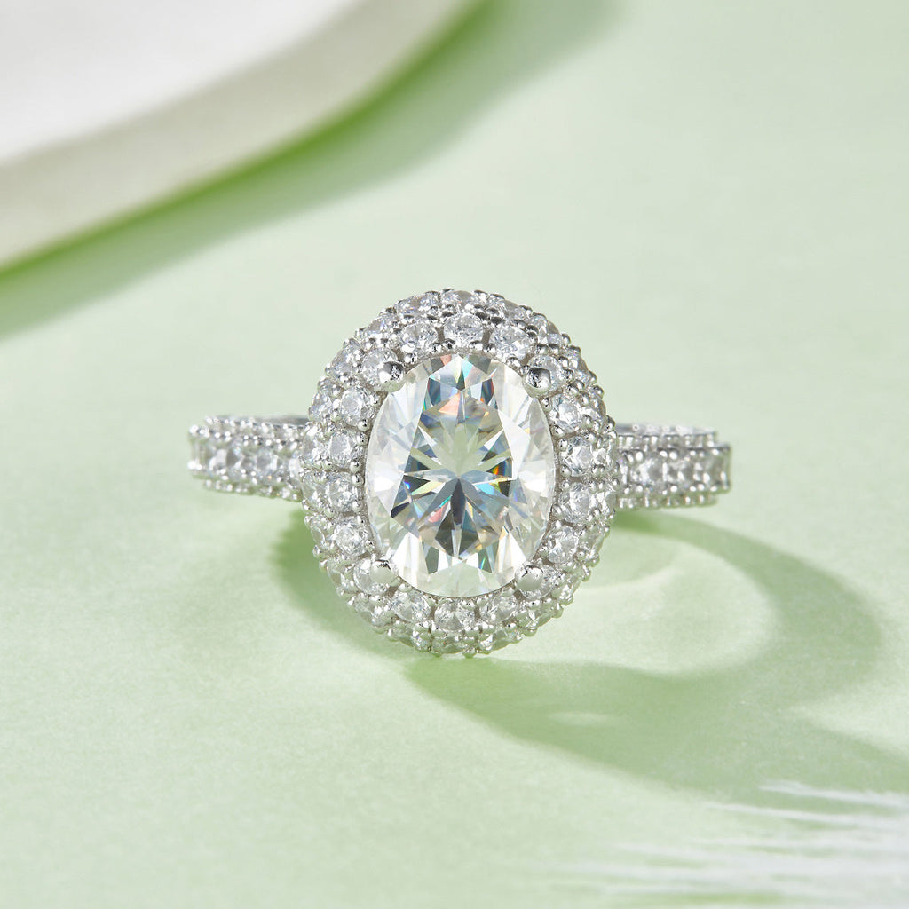 S925 Sterling Silver 2ct Oval Moissanite Ring, 7x9mm D-VVS1 Double Halo, Platinum Plated 5.3g US Sizes 5-9, GRA Certificate Gift Box