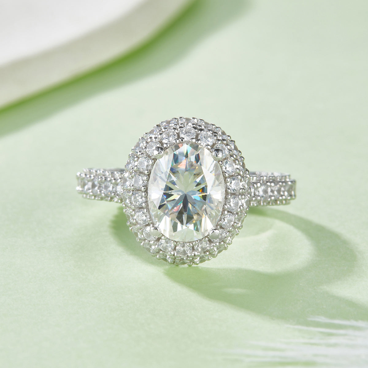 S925 Sterling Silver 2ct Oval Moissanite Ring, 7x9mm D-VVS1 Double Halo, Platinum Plated 5.3g US Sizes 5-9, GRA Certificate Gift Box