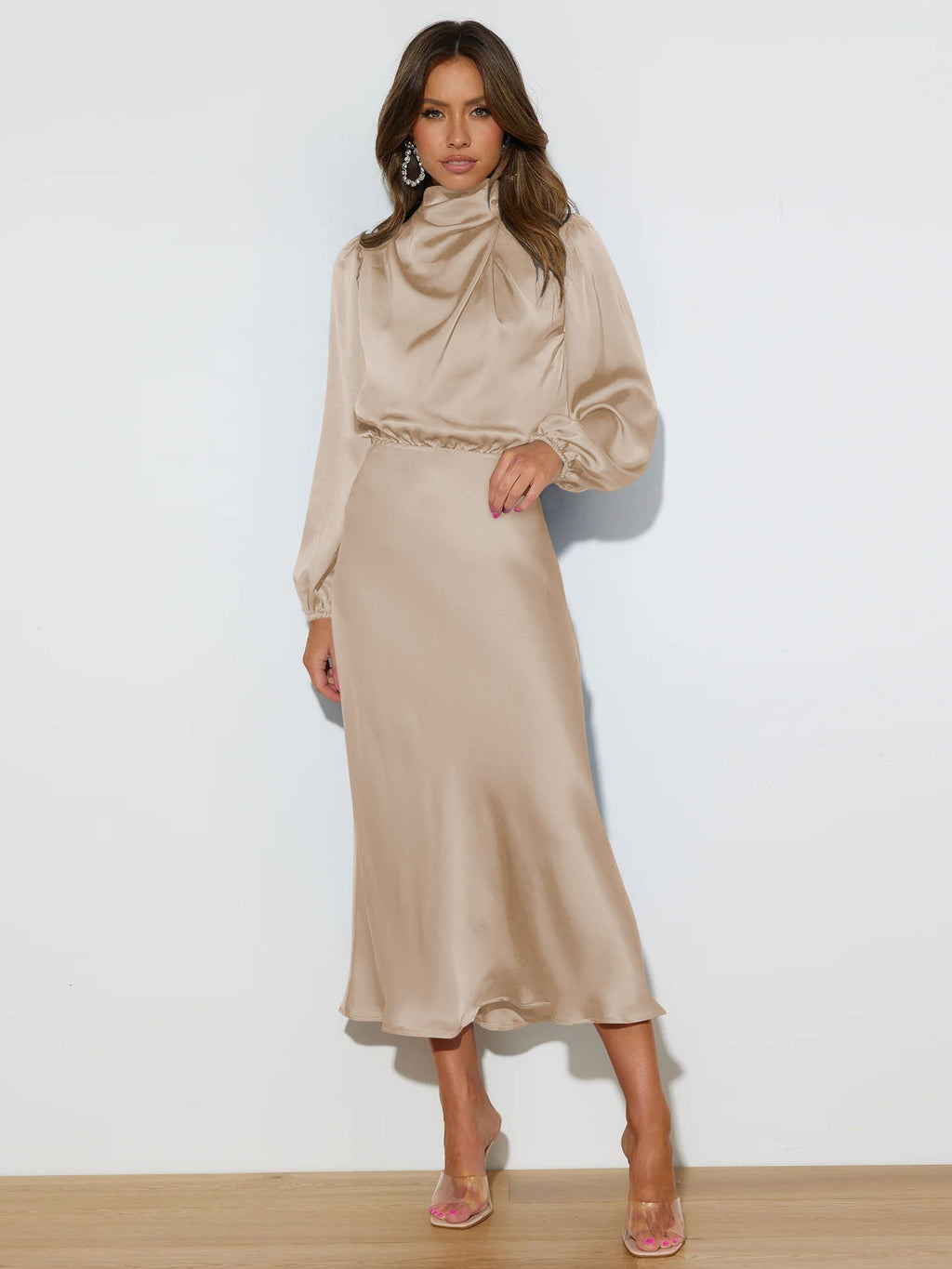 Elegant Temperament Long-sleeved Dress Satin Halterneck Formal Evening Dresses Women Clothing