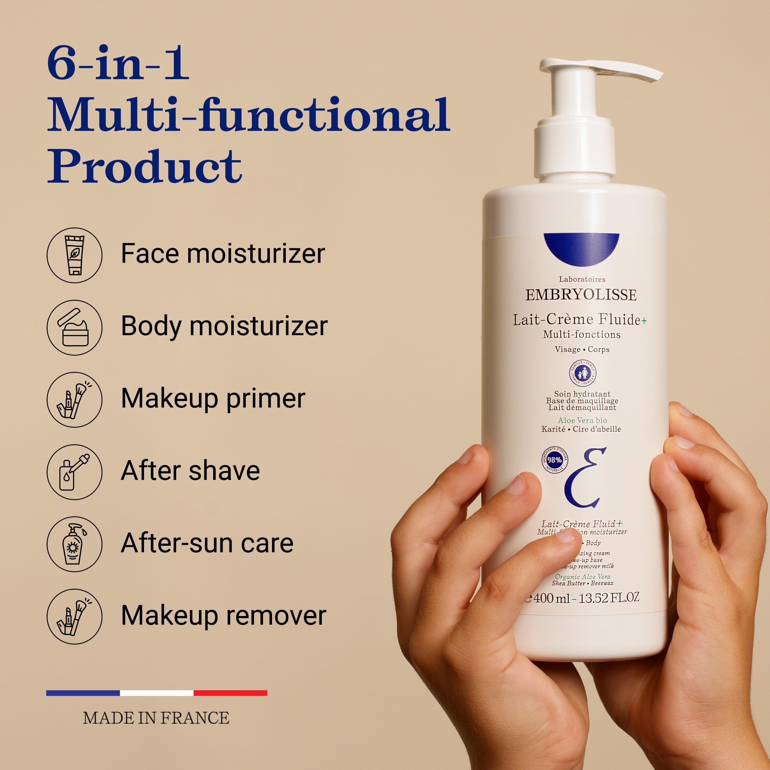 Embryolisse Multipurpose Moisturizing Cream - Hydrating, Makeup Remover & Mask for Dry Skin, Fragrance-Free, 2.54 fl oz