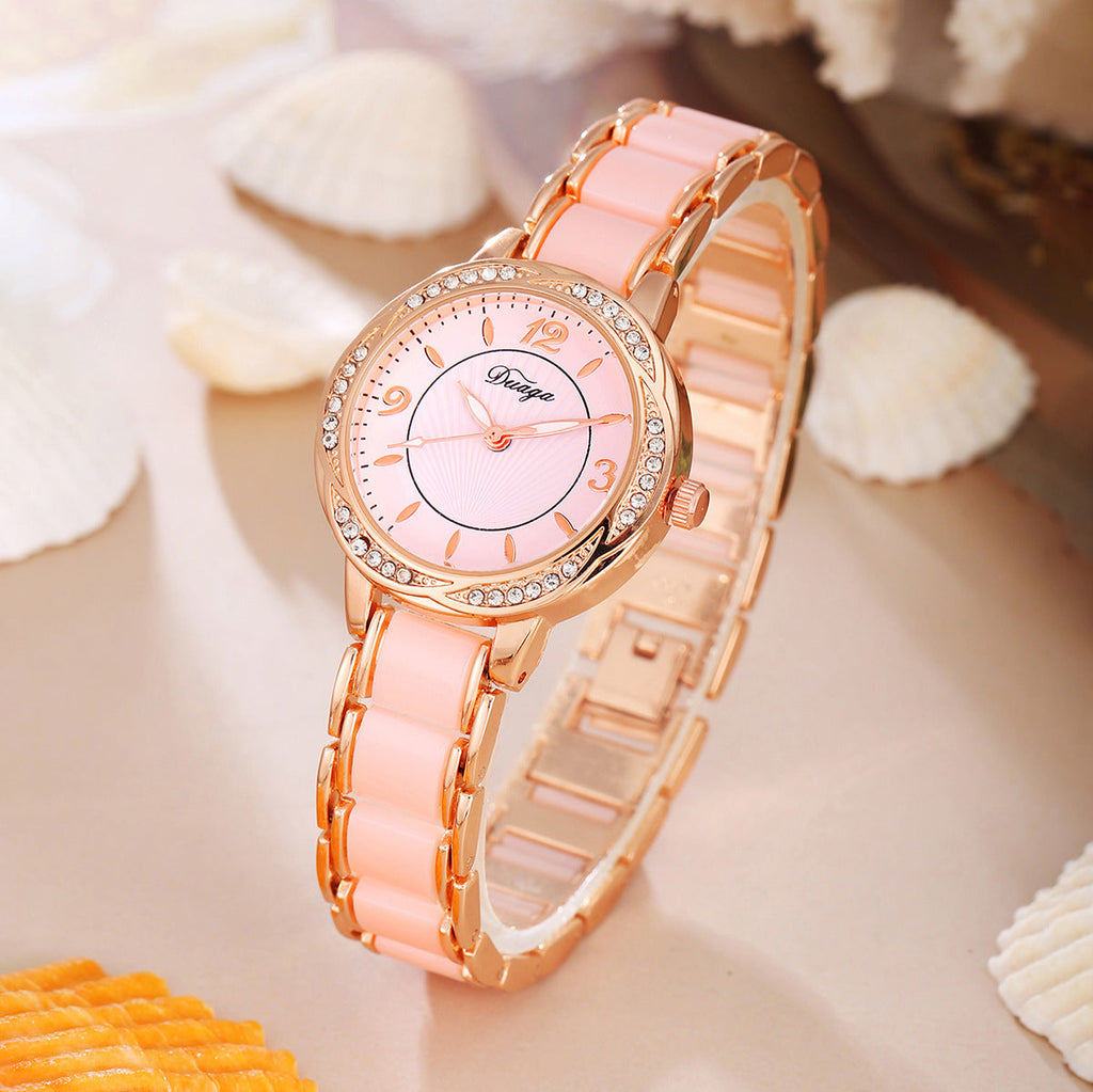Elegant Lace-Trimmed Round Diamond-Encrusted Quartz Watch