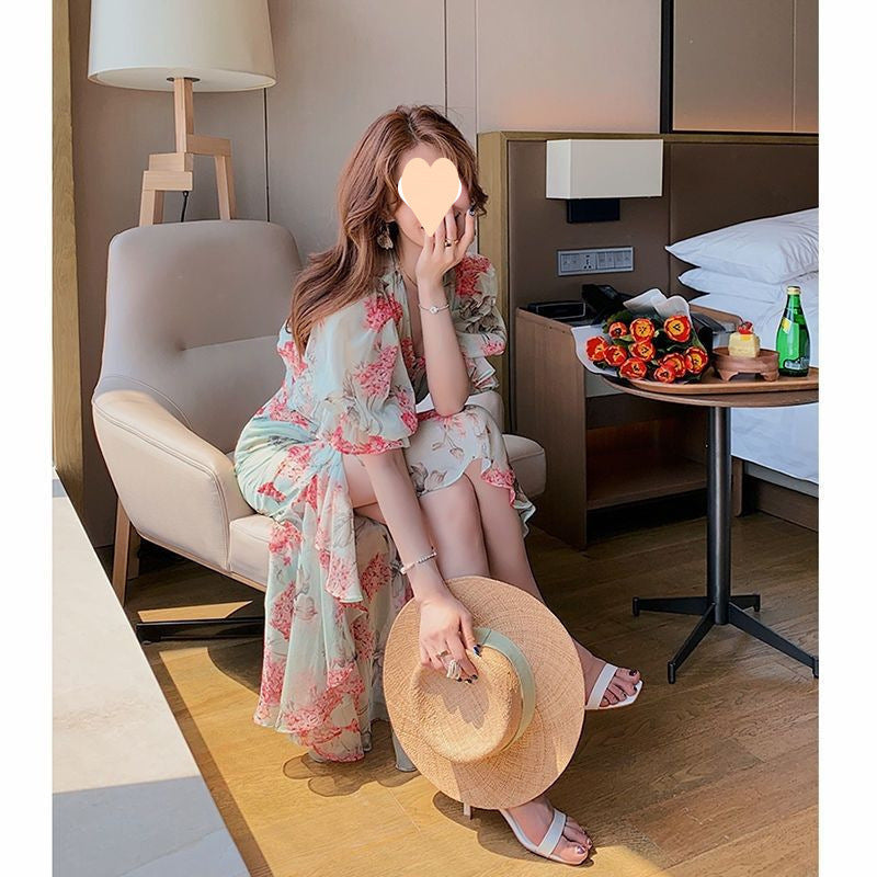 Stylish, Sophisticated, High-end Asymmetrical Chiffon Floral Dress