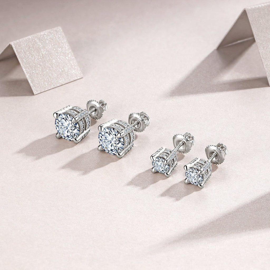 S925 Sterling Silver Moissanite Stud Earrings, 0.5&2ct D-VVS1 4-Prong Basket Pave With Screw Backs, GRA Certificate Gift Box