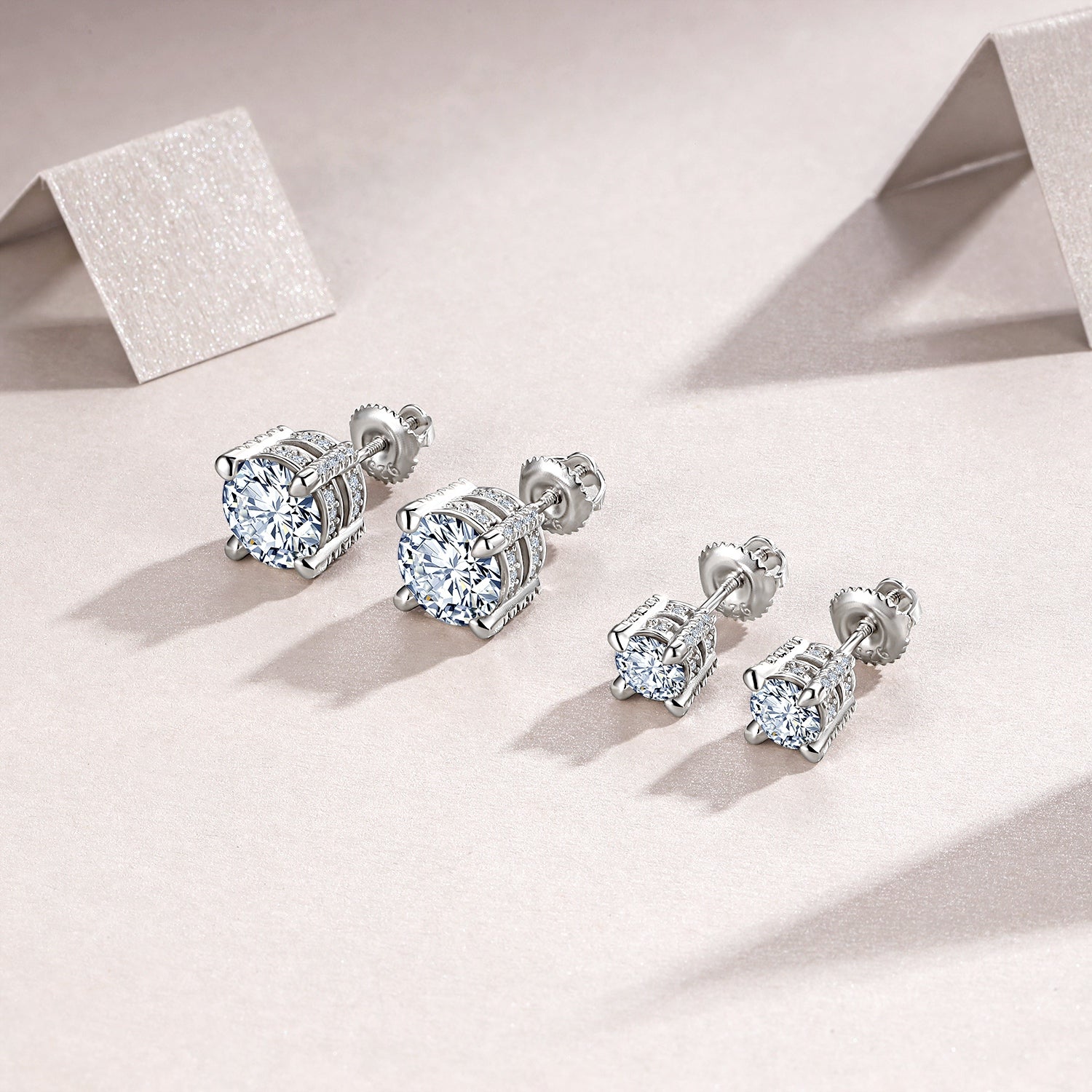 S925 Sterling Silver Moissanite Stud Earrings, 0.5&2ct D-VVS1 4-Prong Basket Pave With Screw Backs, GRA Certificate Gift Box