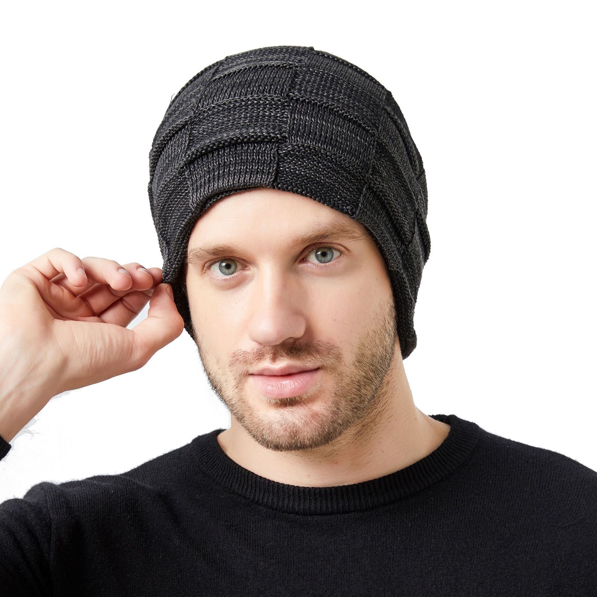 Mens Winter Knitted Hat Couples Style Warm Fleece-Lined Ear-Protecting Wool Cap