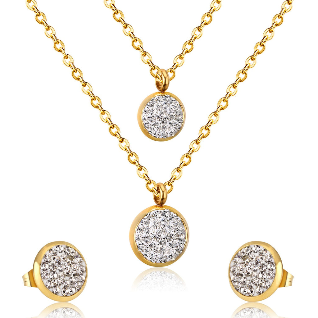 White Mud Pendant Double Chain Gold Stainless Steel Jewelry Set For Women