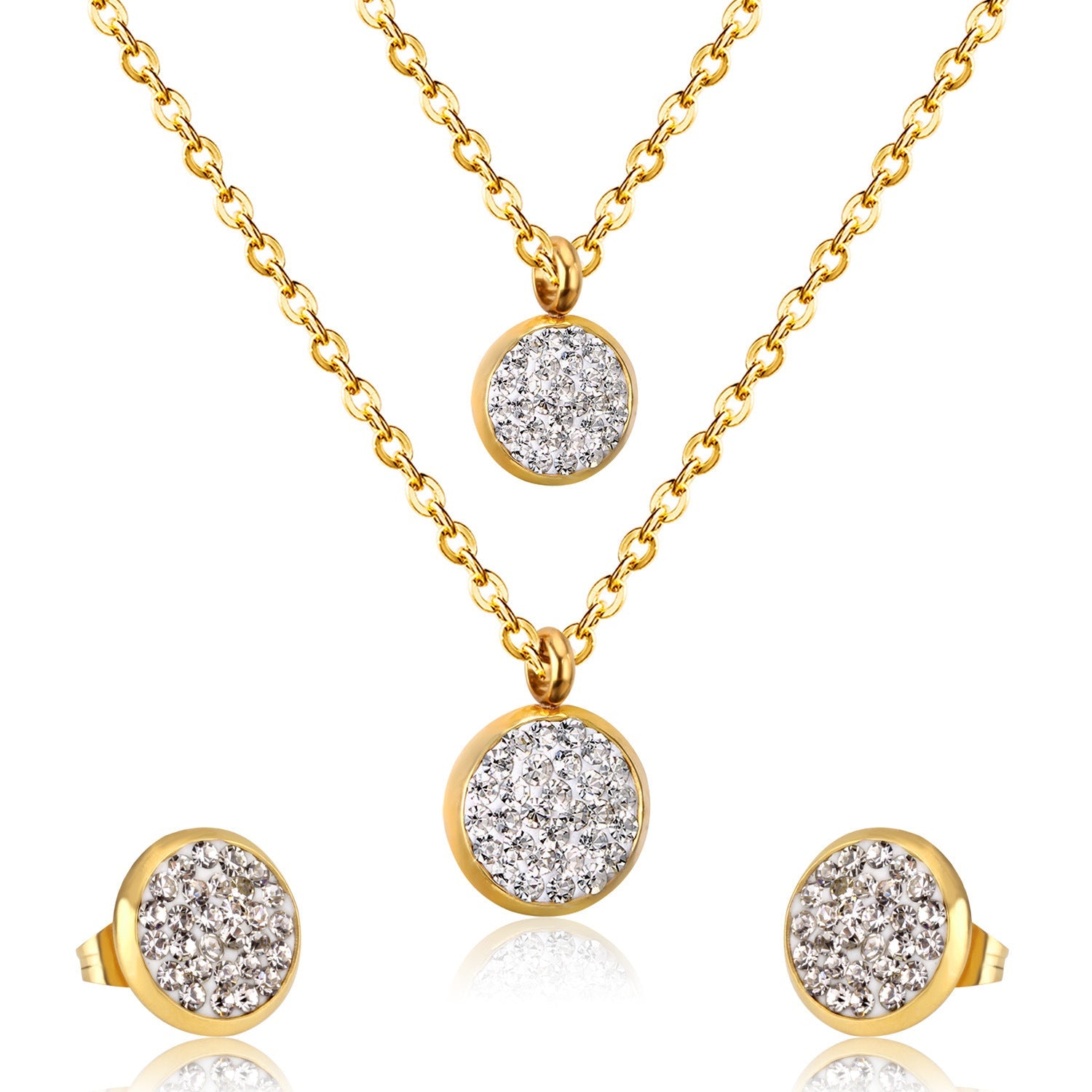 White Mud Pendant Double Chain Gold Stainless Steel Jewelry Set For Women