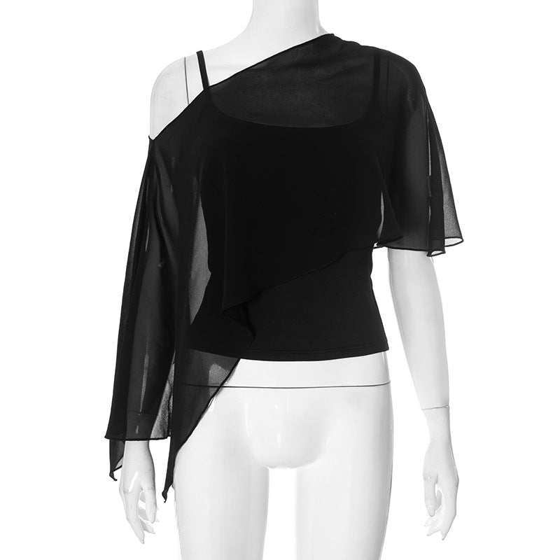 Solid-color Spaghetti-strap Midriff-baring Mesh Off-the-shoulder Outer Layer