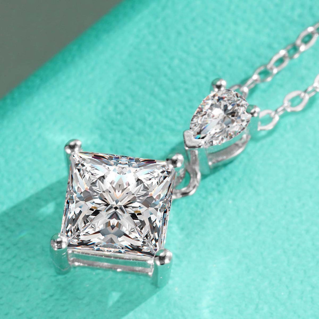 S925 Sterling Silver Princess & Pear Cut Two-Stone Necklace, 1ct D-VVS1 Moissanite Pendant, Platinum Plated 40&45cm Chain, GRA Certified Women's Jewelry Gift Box