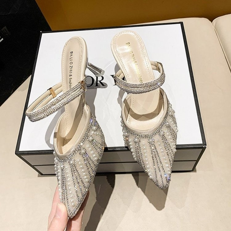 Women Pearl Rhinestone Pointed Toe High Heel Slippers, 2026 New Korean Fairy Style Thin Heel Single Strap Sandals For Outdoor Wear