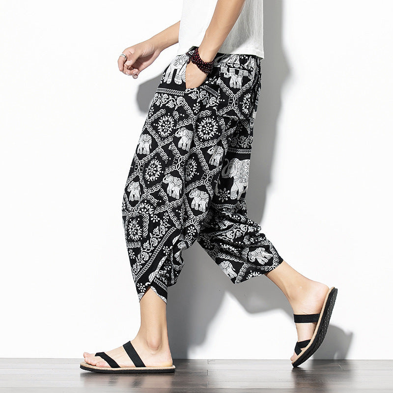 Printed Baggy Cotton Linen Cropped Pants