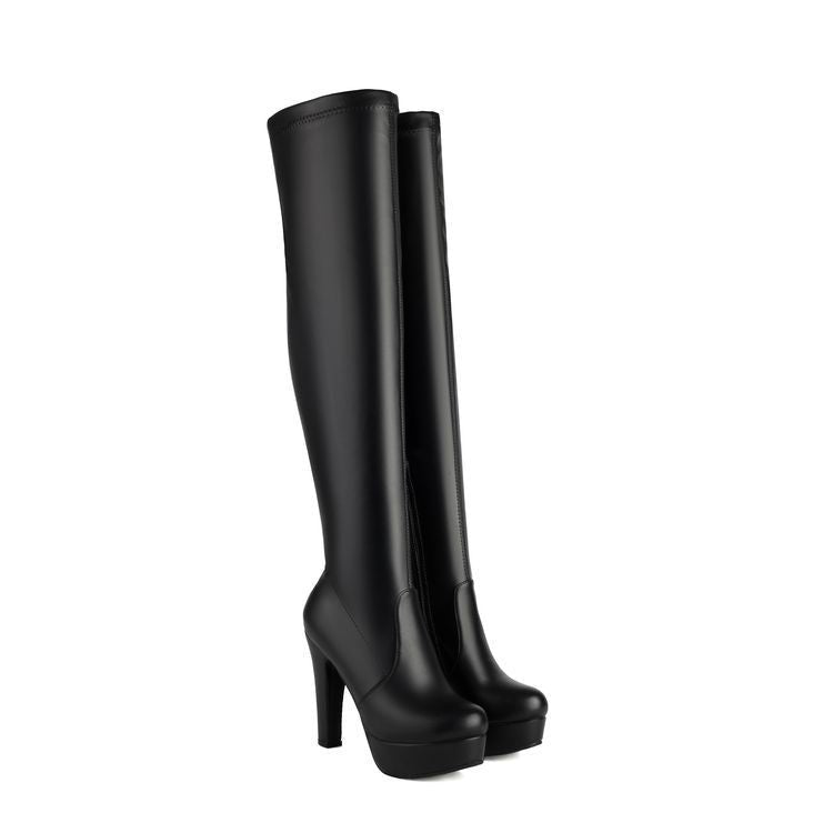 Womens Round-toe Chunky High-heeled Solid-color Side-zip Long Boots