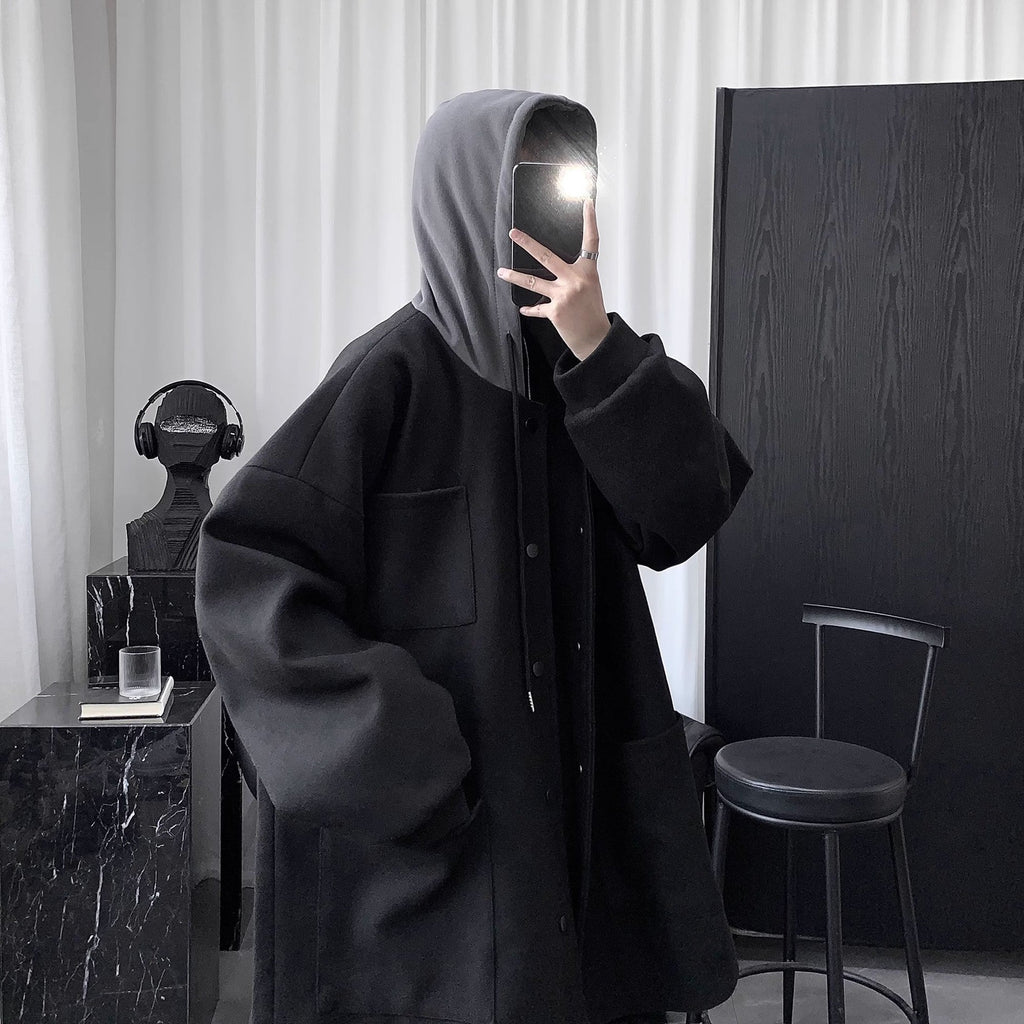 Quilted Hooded Jacket Mens Mid-Length Wool Coat