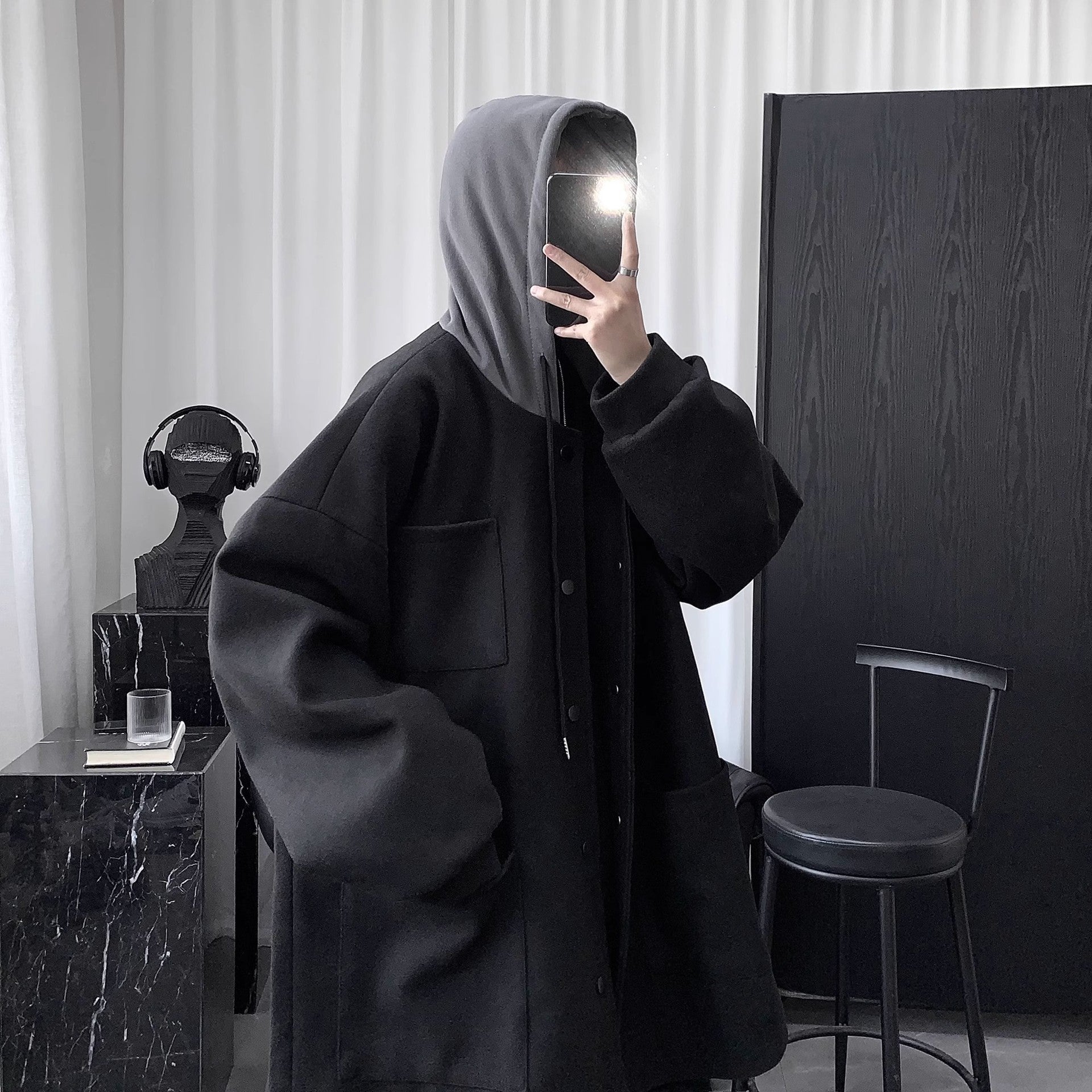 Quilted Hooded Jacket Mens Mid-Length Wool Coat