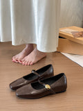 Women Black Flat Low Heel Leather Mary Janes, New Summer Versatile French Style Daily Shoes Matching Skirts