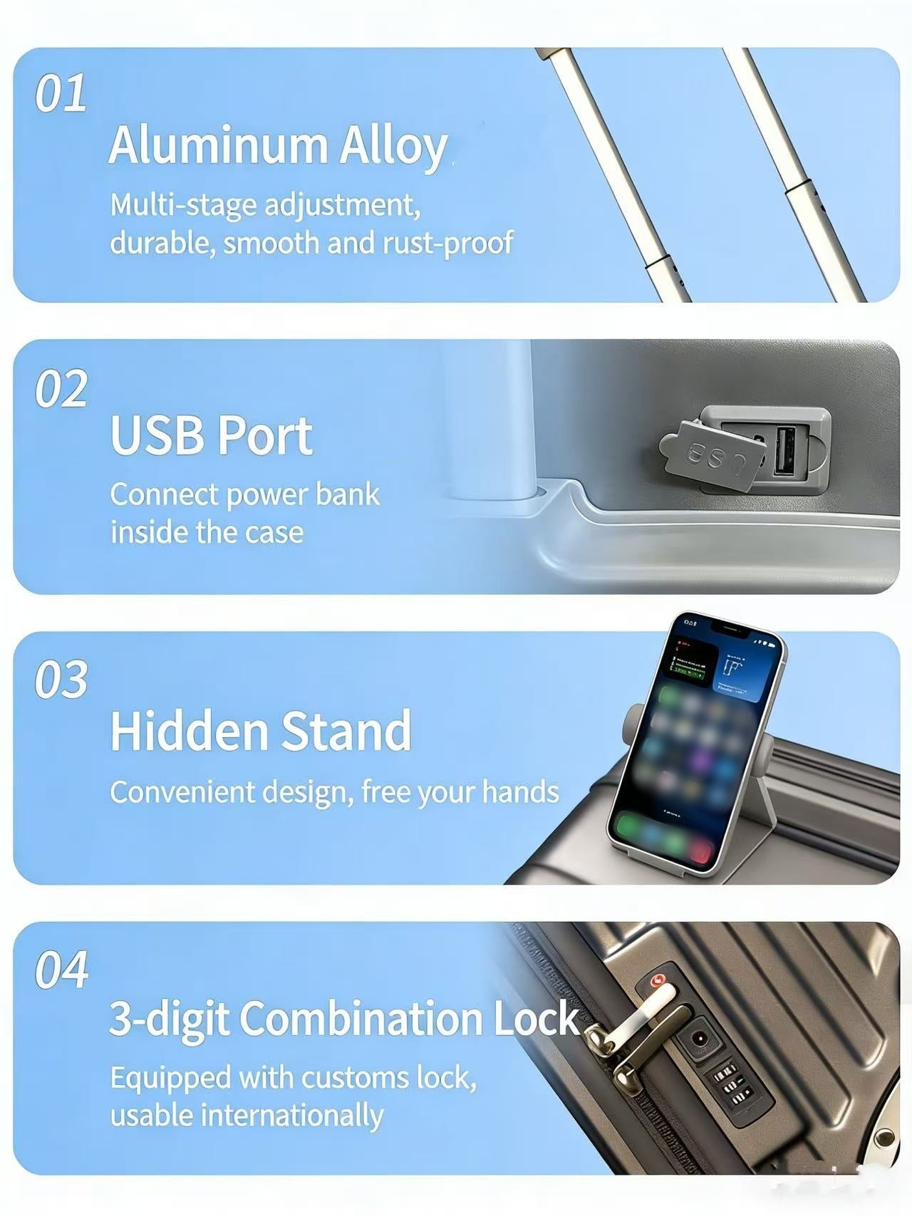 PC Material Large Wheel Luggage, 20 Inches, 24 Inches, TSA Lock, Folding Cup Holder, Outdoor Travel Luggage With Phone Holder And USB Port, Portable Rolling Luggage