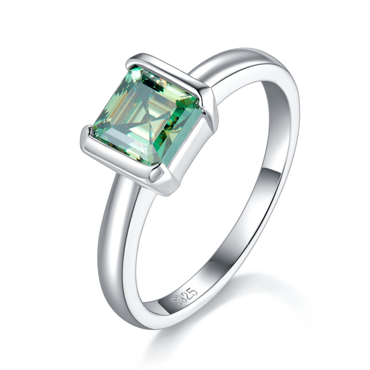 S925 Sterling Silver 1ct Green Moissanite Ring, 6x6mm Square Cut VVS1 Solitaire, Platinum Plated US Sizes 5-9, GRA Certified Jewelry Gift Box